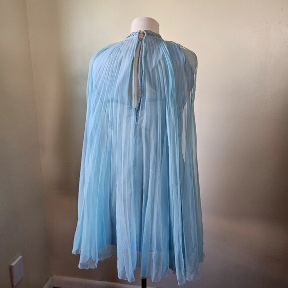 Vintage 70s Carroll's Blue Chiffon Pleated Babydoll Tent Trapeeze Mini Dress S - Picture 6 of 11